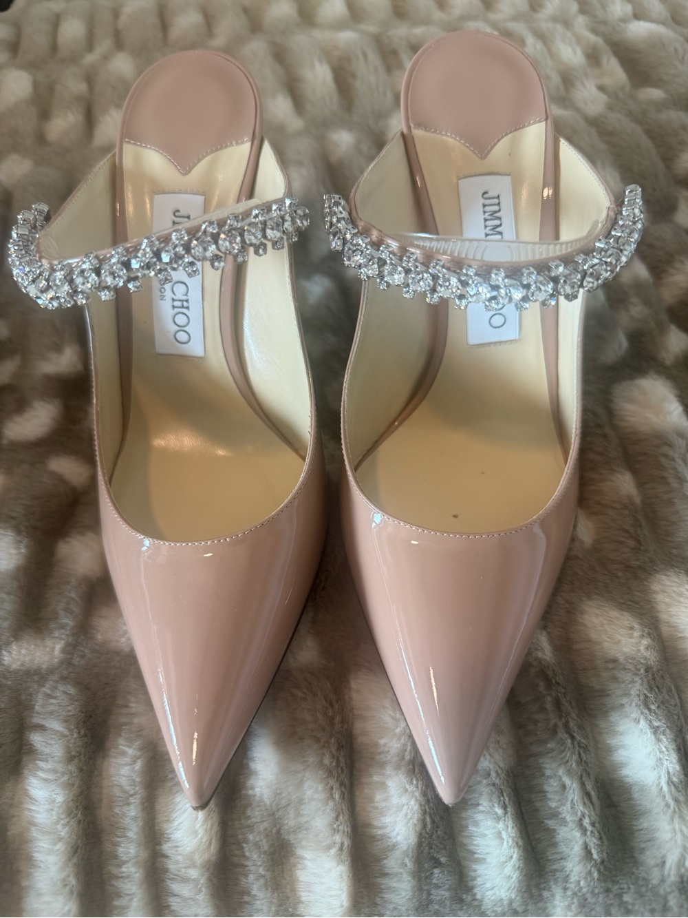 Jimmy Choo Blush Pink Patent Pointed-Toe Mules with Crystal Strap